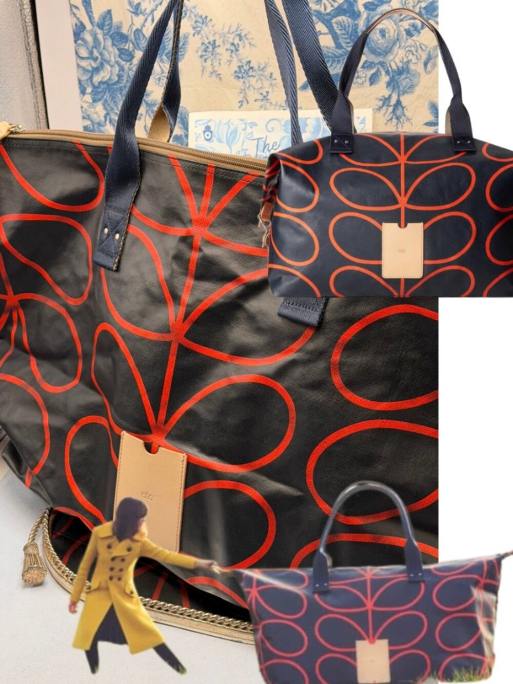 🆕 ORLA KIELY 🧿 NWOT Laminated Giant Linear Stem Print Holdall Bag, Navy / Red